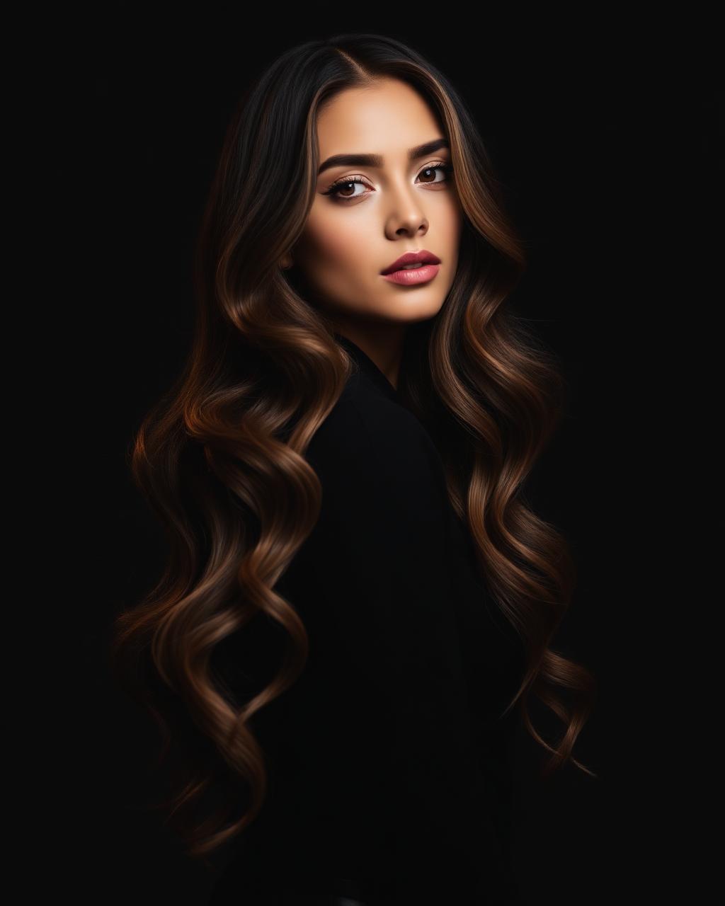 Modelo com mega hair ondulado e balayage